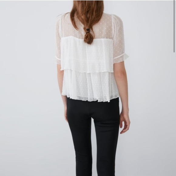 Zara Womens White Cream Swiss Dot Semi Sheer Tiered Ruffle Pussybow Tie Neck Top - Picture 2 of 13